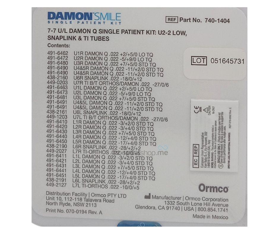 Ormco Damon Q Low Torque Single Patient Kit 7-7 0.022 740-1404