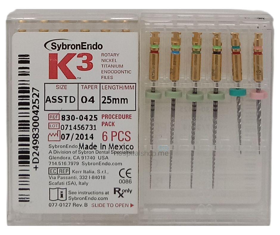 Sybron Endo K3 4% Taper NITI Rotary Endodontic File 25mm Assorted 6pcs 830-0425